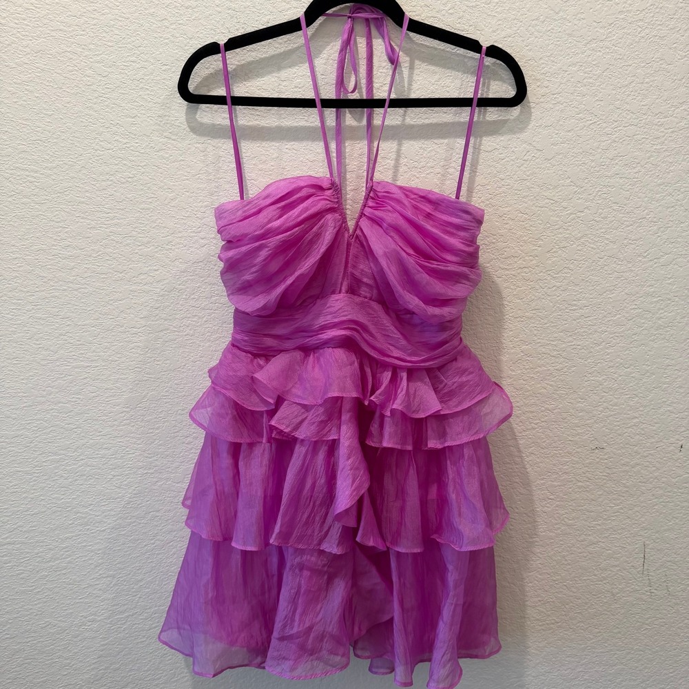 DO+BE Pink Ruffle Mini Dress Halter Neck Tiered Party Cocktail Size L